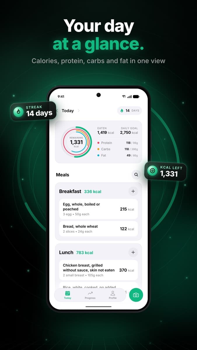 CalMeter today screen with calorie ring and meals