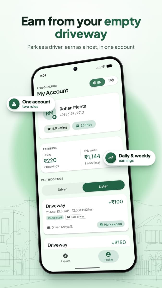 ParkSaathi account screen with daily and weekly host earnings